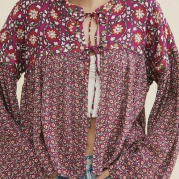 Free People Malia Embellished Printed Baby Doll Jacket Top Dark Red Medium - Picture 5 of 15